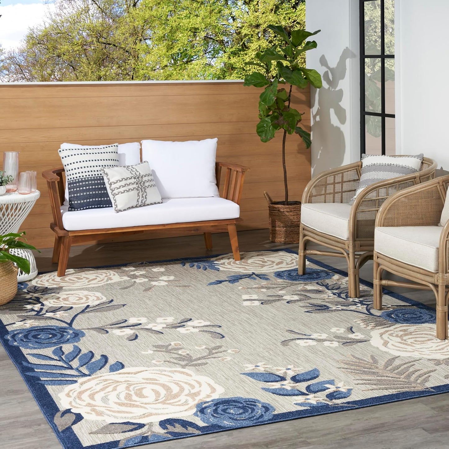 Nourison Home Aloha Indoor/Outdoor Modern Blue/Grey 6' x 9' Area Rug, Easy Cleaning, Non Shedding, Bed Room, Living Room, Dining Room, Kitchen (6x9)