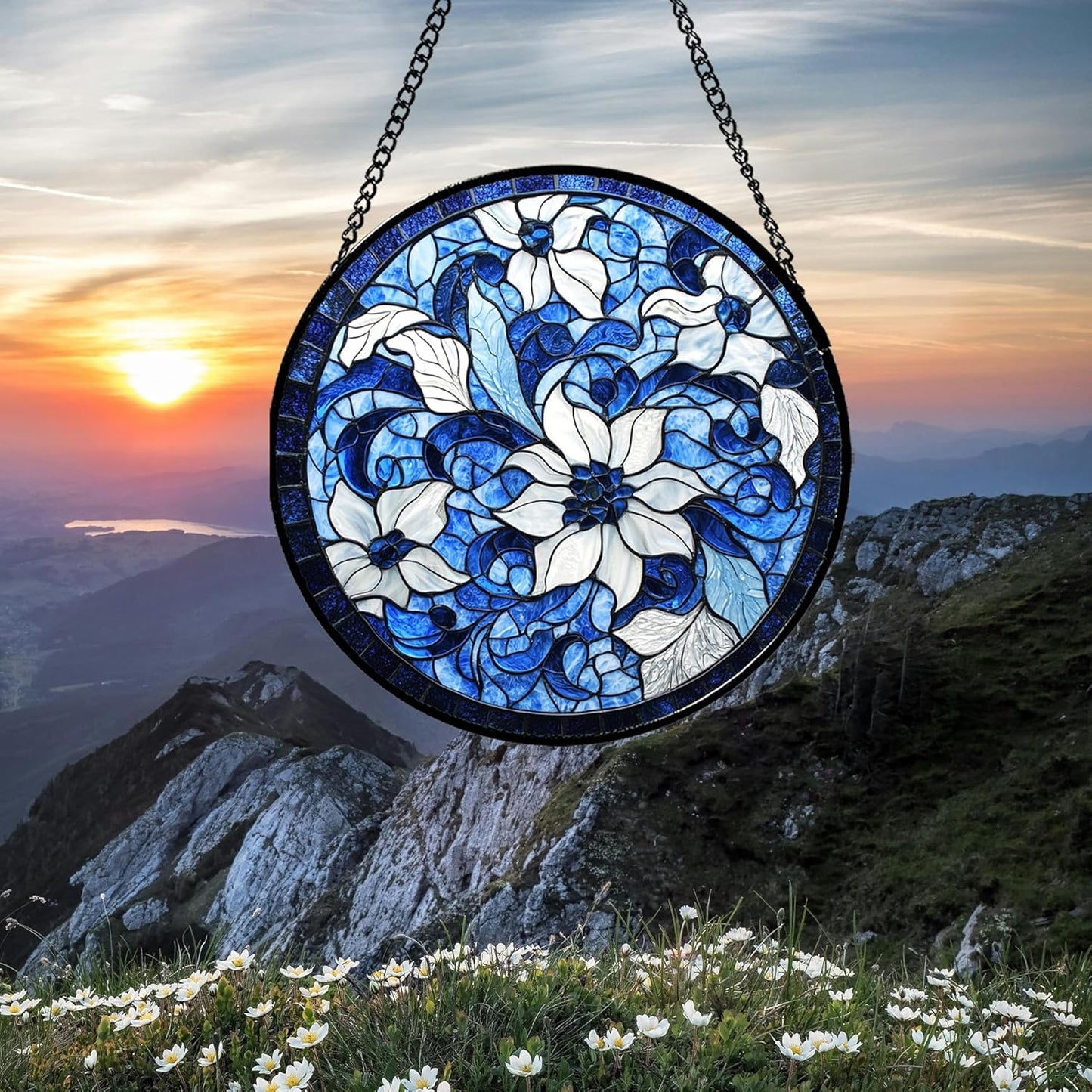 Stained Glass Window Hanging - Blue White Flowers Suncatcher for Doors Garden Patio Boho Style Sun Catchers Decor Christmas Mother's Day Birthday Gifts for Women Men Mom Nana Friend 15 in