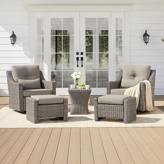 CHITA 5 Pieces Swivel Wicker Patio Furniture Set, Outdoor Conversation Set with 2 Pieces Rattan Rocking Swivel Chairs, 2 Pieces Ottomans, Thickened Cushions and Side Table
