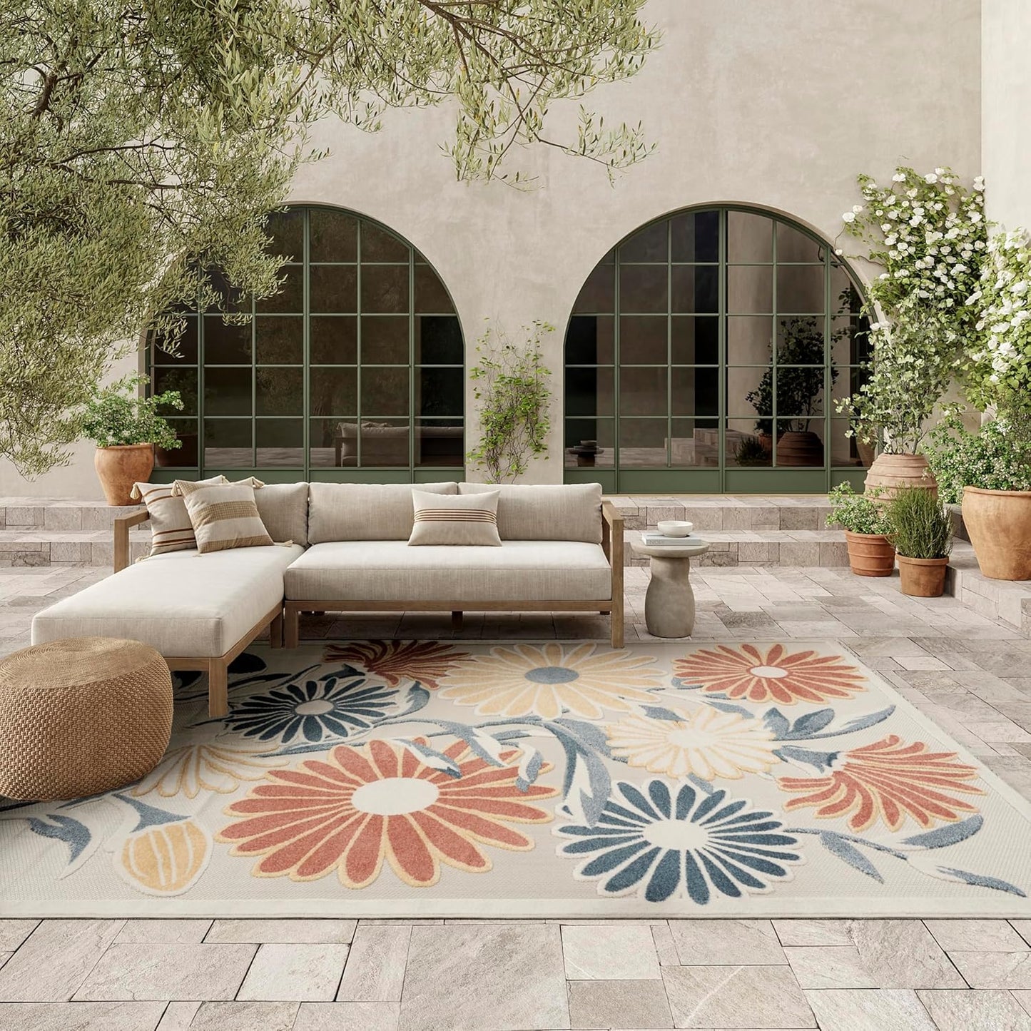 Nourison Aloha Ivory Rose 7'10" x 10'6" Area Rug - Easy Clean, Non Shedding, Bed Room, Living Room, Dining Room, Kitchen (8' x 11')