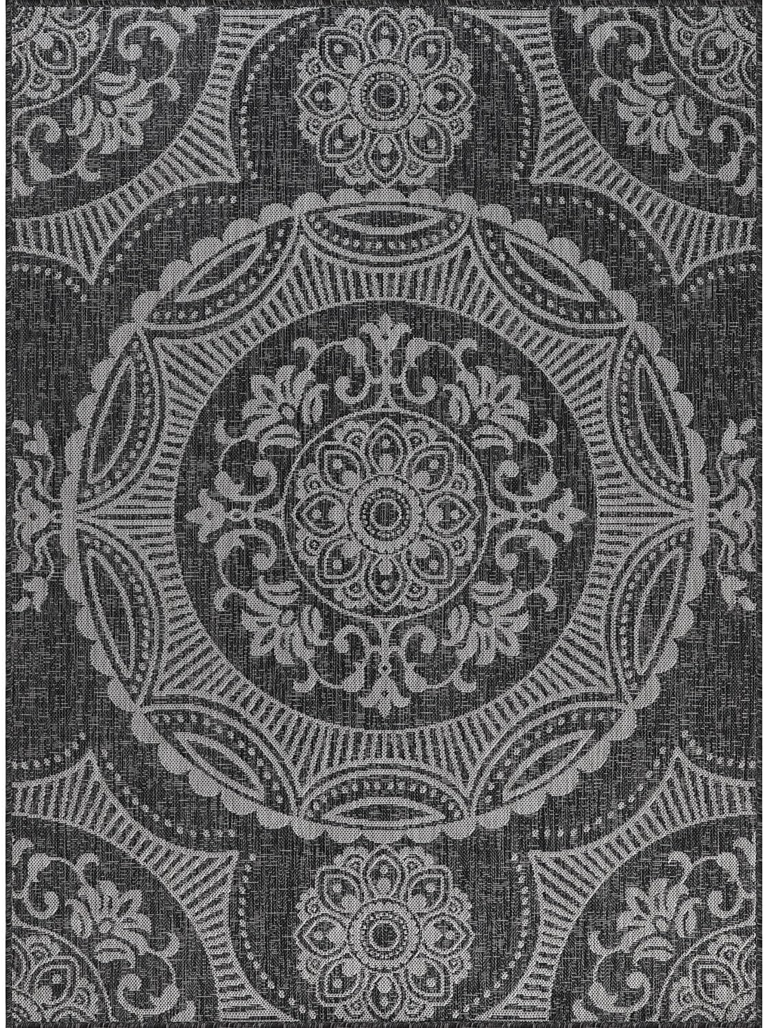 Medallion Outdoor Rug 6x9 Washable Outside Carpet for Indoor Patio Porch Waterproof Easy Cleaning Non Shedding Area Rugs Dark Gray 6 x 9