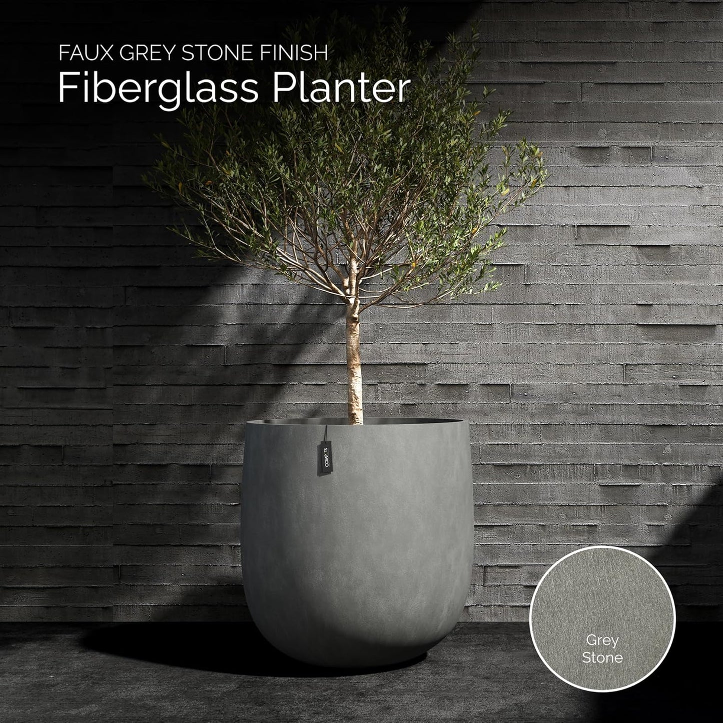 Mondo Large Planter – Grey Stone Finish – Fiberglass Indoor/Outdoor and Weather-Resistant Round Planter (26" D x 24.6" H Exterior, 24.6" D x 24" H Interior)