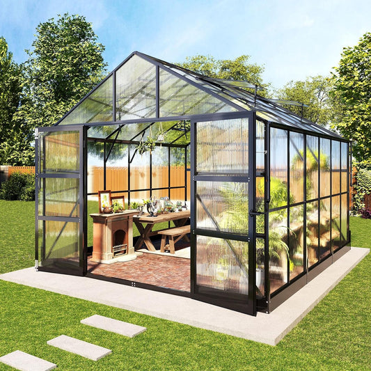 AMERLIFE 10x12 FT Heavy Duty Aluminum Greenhouse with 4 Roof Vents & Rain Gutter, Polycarbonate Greenhouse for Outdoor Garden Backyard, Black