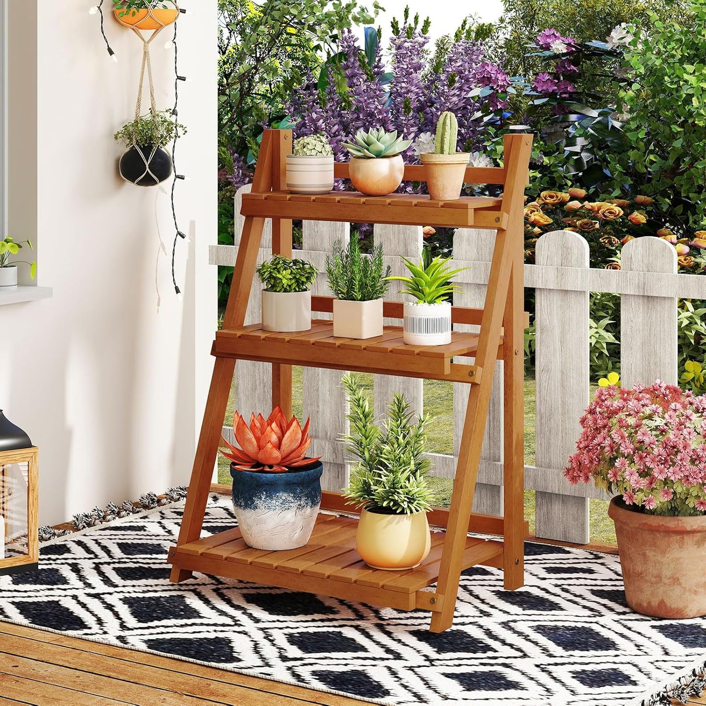 Giantex Foldable Ladder Plant Shelf, 3-Tier Solid Wood Indoor Outdoor Flower Pot Display Rack, Corner Storage Bookshelf, Freestanding Tiered Plant Stand for Garden Patio Balcony, No Assembly