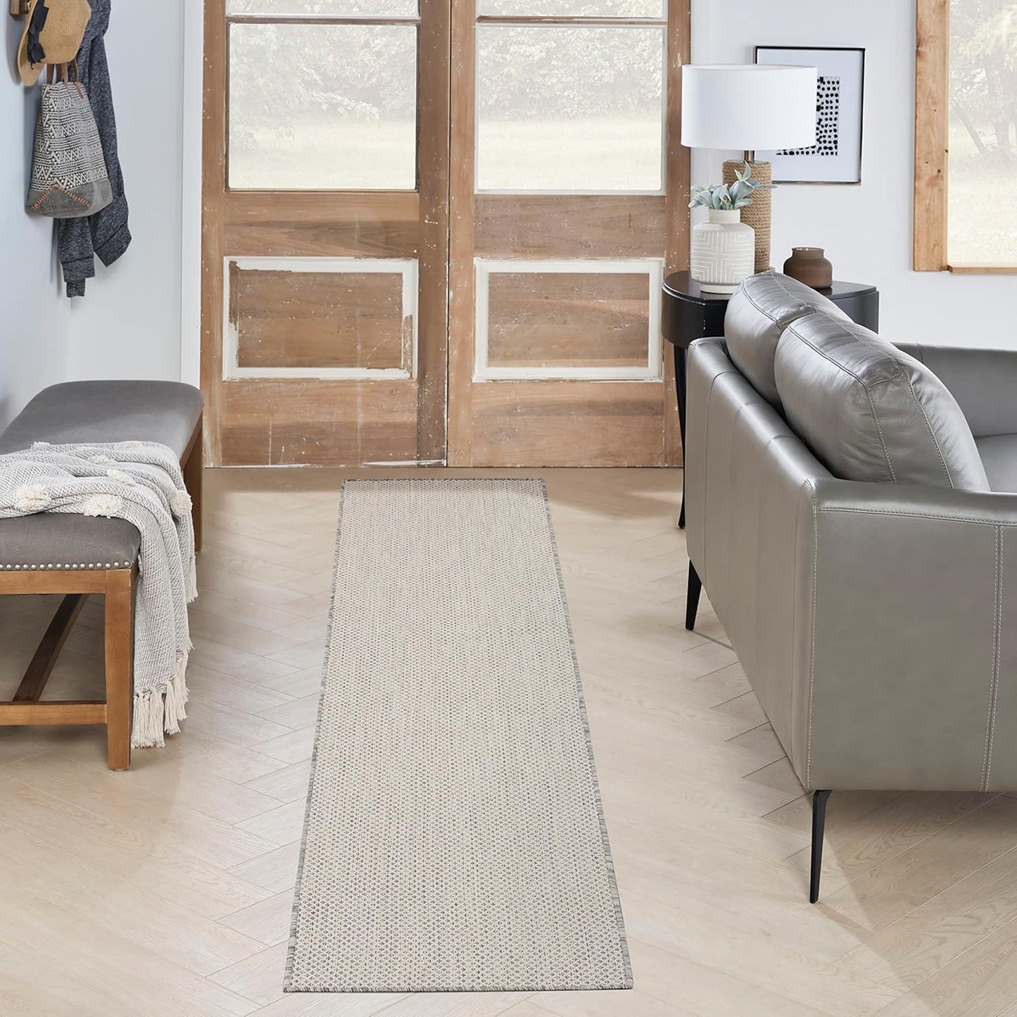 Nourison Home Courtyard Indoor/Outdoor Ivory/Silver 2'2" x 8' Area Rug, Easy Cleaning, Non Shedding, Bed Room, Living Room, Dining Room, Backyard, Deck, Patio (2x8)