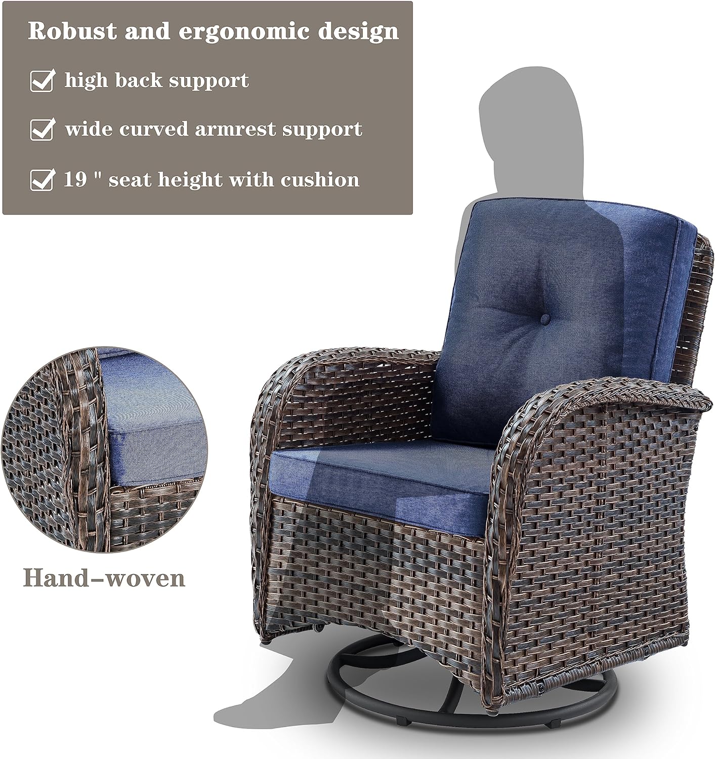 Small Conversation Sets Patio Funiture - 5 Piece Outdoor Swivel Rocker Wicker Furniture Sets with Ottomans Side Table Perfect for Patio Deck Backyard, Brown Wicker Blue Cushion