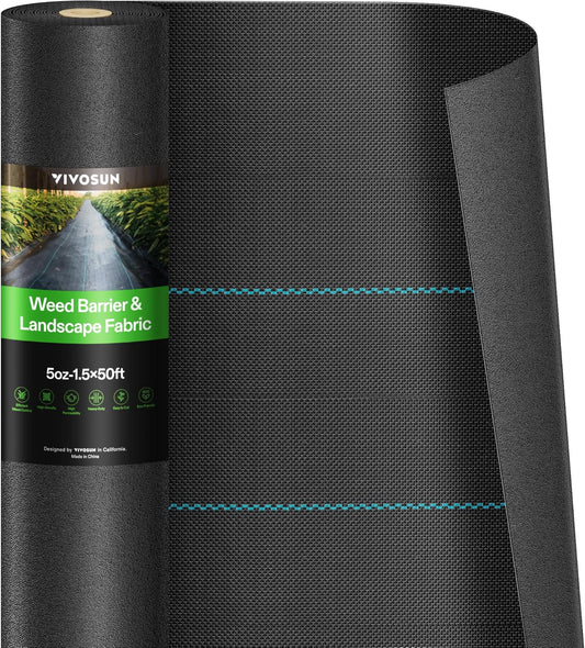 VIVOSUN Premium Weed Barrier Landscape Fabric Heavy Duty, 1.5ftx50ft 5oz Double-Layered Weed Control Mat with High Permeability, Commercial Ground Cover, Easy Set up & Superior Weed Control