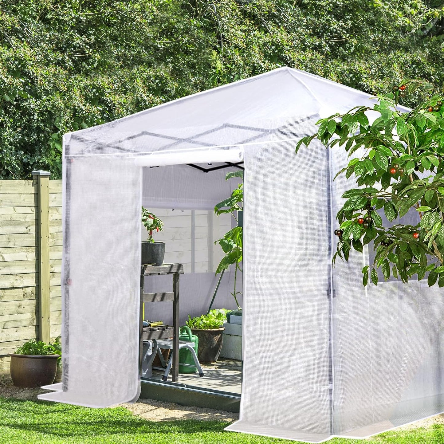 EAGLE PEAK Instant Pop-up Greenhouse, Indoor Outdoor Plant Gardening Green House, Roll-Up Zipper Doors and Side Windows, Walk in 8x8 ft, PE Cover, White/Clear