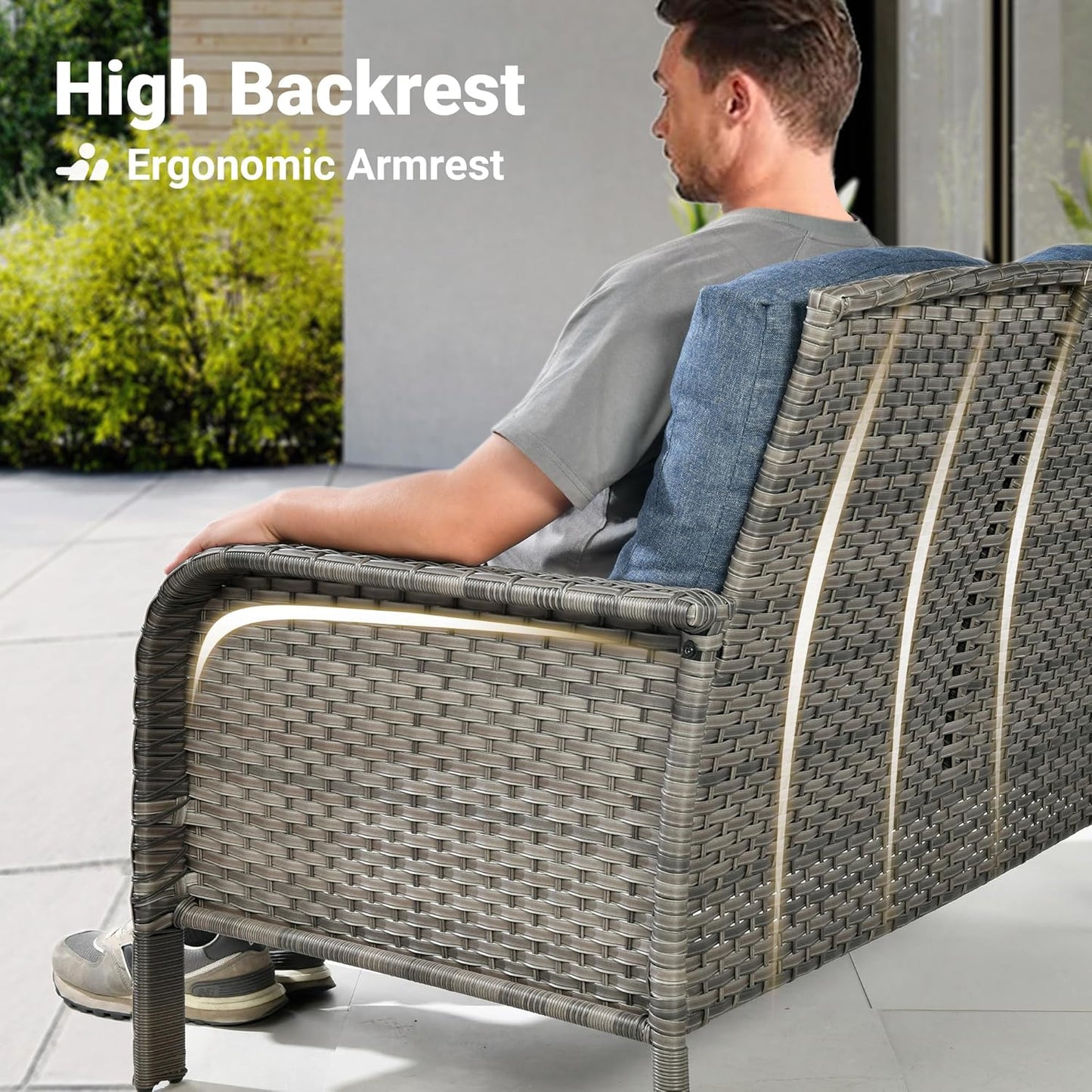 ovios 4 Pieces Patio Furniture Set with 25" Fire Pit, Outdoor Wicker Chairs of 4, All Weather High Back Rattan Chairs 4-Seater with Comfy Cushions, Denim Blue