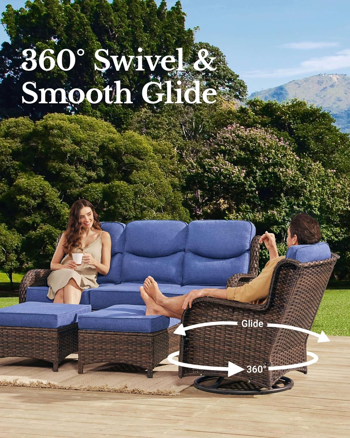HILLGA Luxury Patio Furniture Set with 6-Inch Thick Cushions, High Back Outdoor Swivel Rocker Chairs and Patio Couch, 11-Piece All Weather Conversation Set for Porch Deck Pool Yard, Blue (V3)