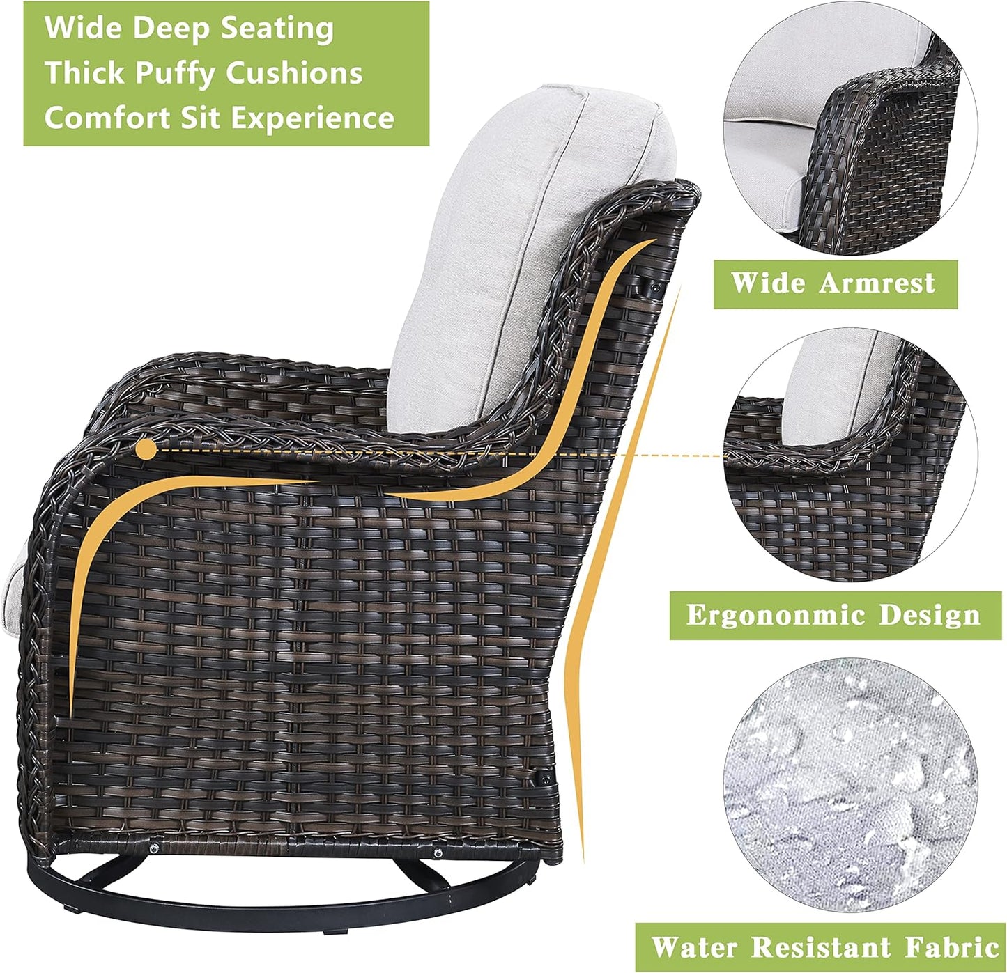 Outdoor Patio Swivel Rocker Chairs - 3 Piece Patio Bistro Set,Wicker Patio Furniture Set with 2 Swivel Rocking Chairs and 1 Glass Top Side Table for Deck Porch Garden,Brown/Beige