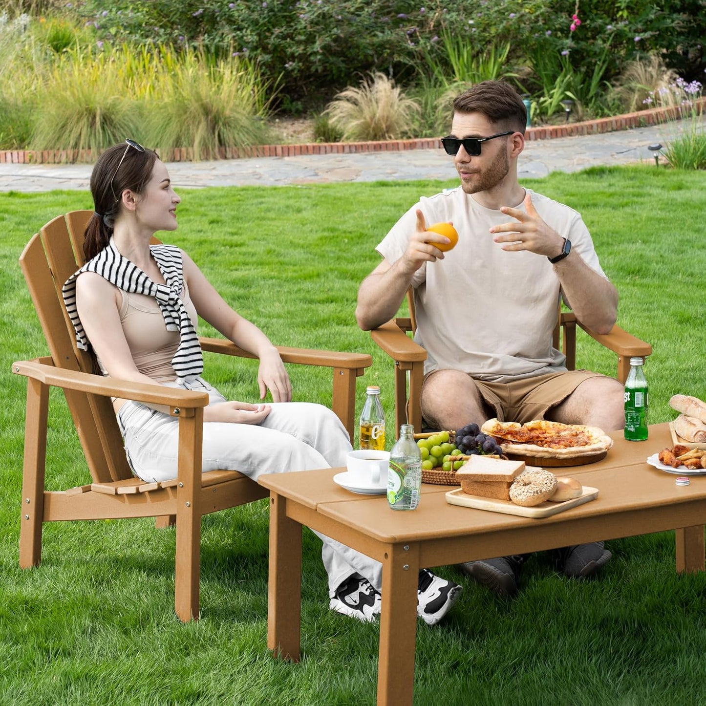 Stackable Adirondack Chair, HDPE Outdoor Patio Chair - Durable and Space Saving, Suitable for Porches, Lawns or Garden, Teak