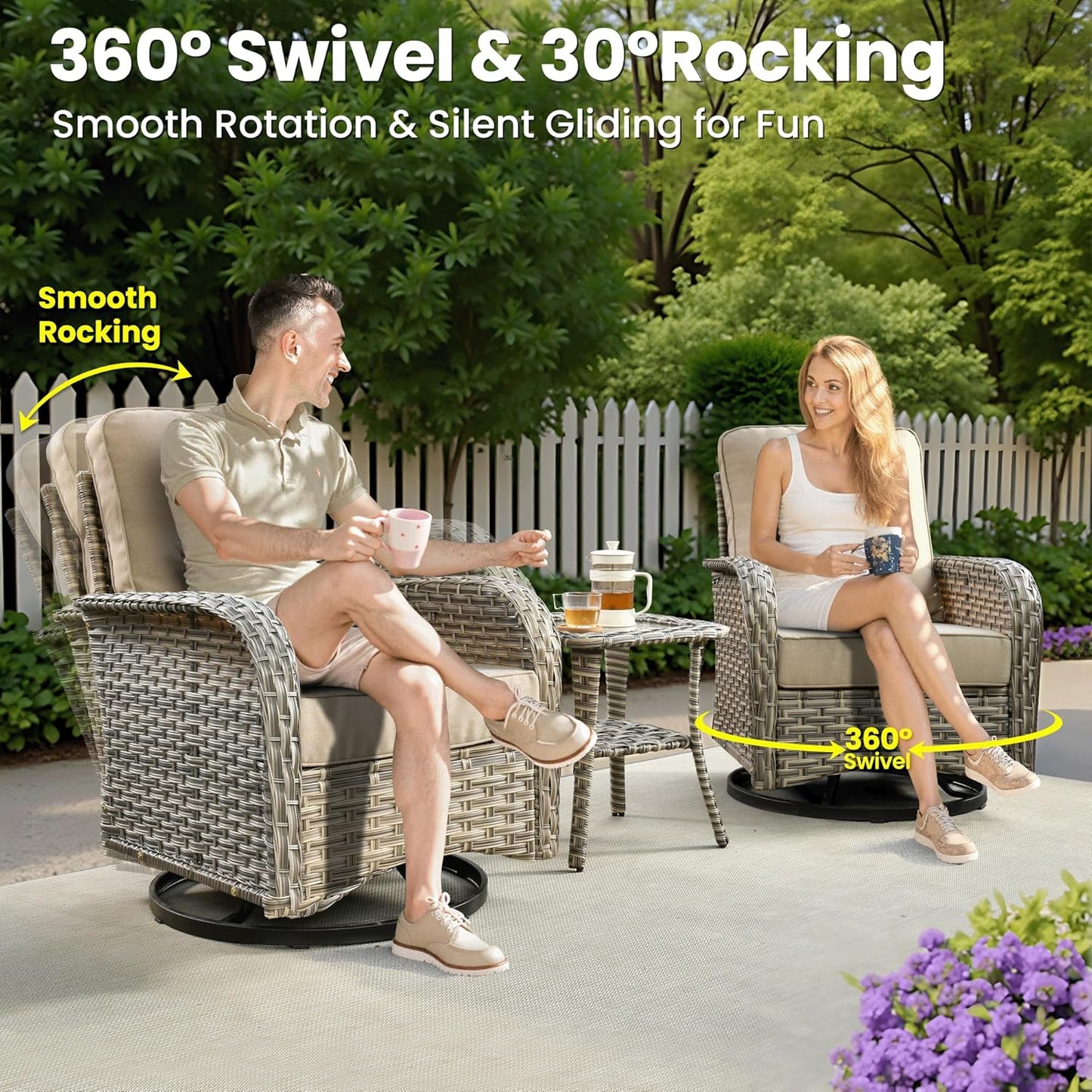 ovios 9 Pieces Patio Furniture Set Outdoor Sectional Sofa Couch with Fire Pit Table Rocking Swivel Chairs Deep Seat Chaise, Modern Modular Wicker Rattan Conversation Set, Beige