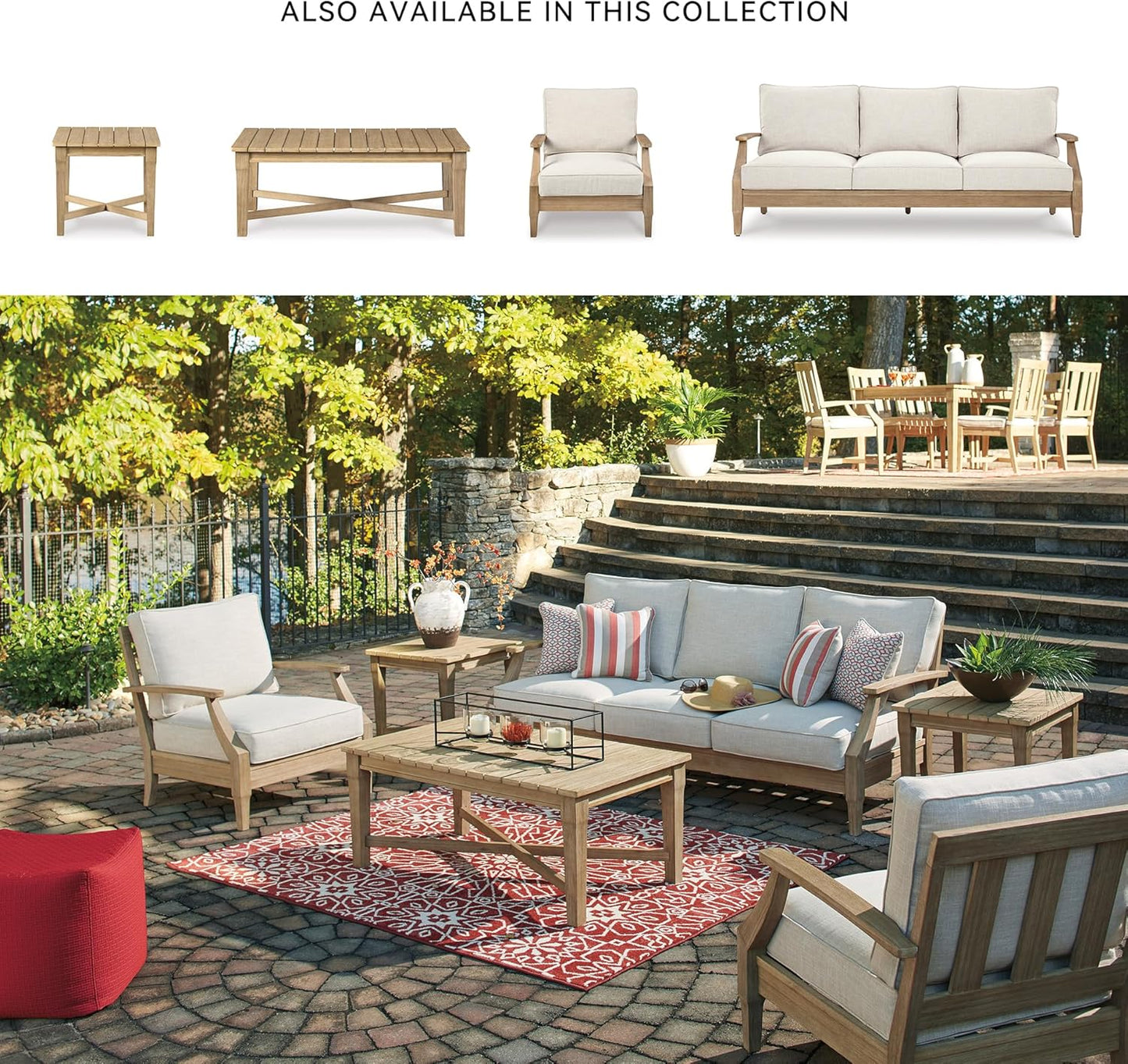 Signature Design by Ashley Carter Hall Outdoor Eucalyptus Patio Lounge Chair with Cushion, Beige