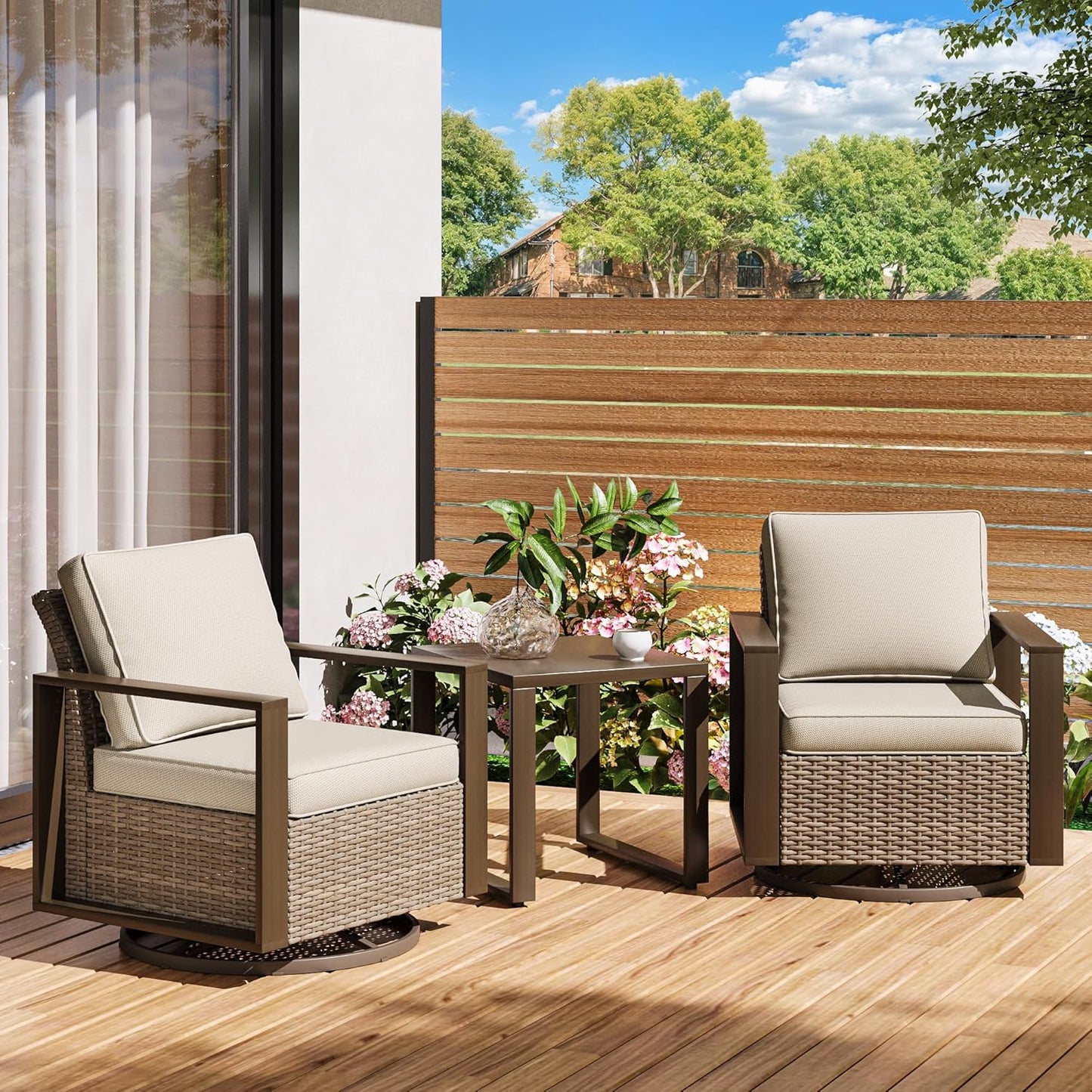 Outdoor Swivel Rocker Metal Chairs Set of 2 with Small Coffee Table - 3 Pieces Patio Bistro Set with Rectangular Framed Wood-Looking Metal Armrest, 360 Degree Glider Chairs, Beige
