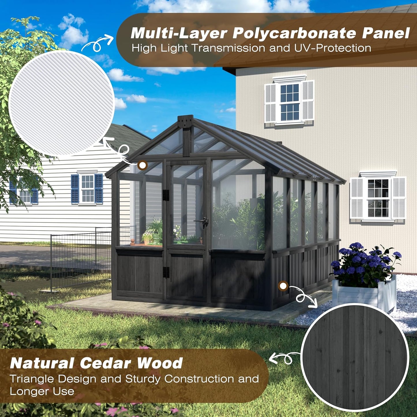 BlueWish 6x10FT Greenhouse, Greenhouse for Outdoor with Cedar Frame, Adjustable Vent, Wood Greenhouses with Polycarbonate Panel, Green House for Outside, Garden, Backyard, Black