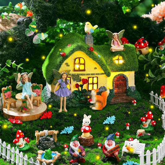 Suzile 50 Pcs Solar Fairy House Garden Accessories Light up Flocked Fairy Figures Garden Kit Green Resin Miniature Mushroom Figures Micro Landscape Ornament (Stone Grass House)