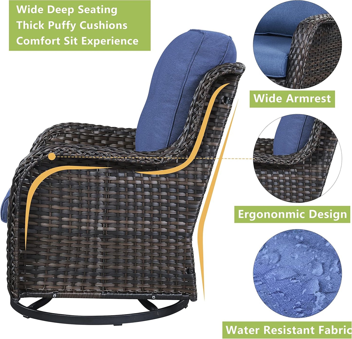 Outdoor Patio Swivel Rocker Chairs - Single Wicker Rattan Patio Swivel Rocking Chair with High Back,Deep Seating and Comfort Cushions for Deck Porch Garden,Brown/Blue