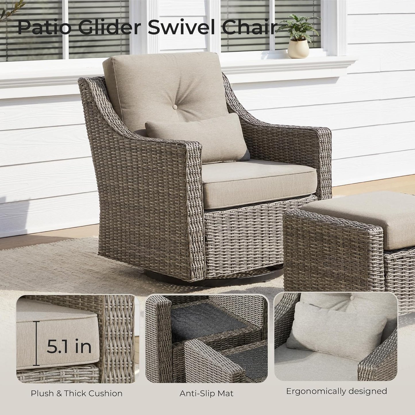 CHITA 2 Pieces Patio Wicker Chairs, 360° Rocking Swivels Outdoor Rattan Chair with Thickened Cushions for Backyard, Poolside, Garden or Porch