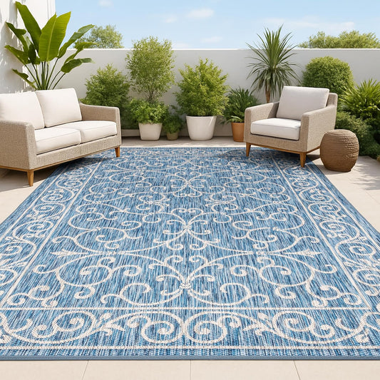 JONATHAN Y SMB106D-9 Charleston Vintage Filigree Textured Weave Indoor Outdoor Area Rug Classic Coastal Easy Cleaning Bedroom Kitchen Backyard Patio Non Shedding, 9 X 12, Navy/Gray