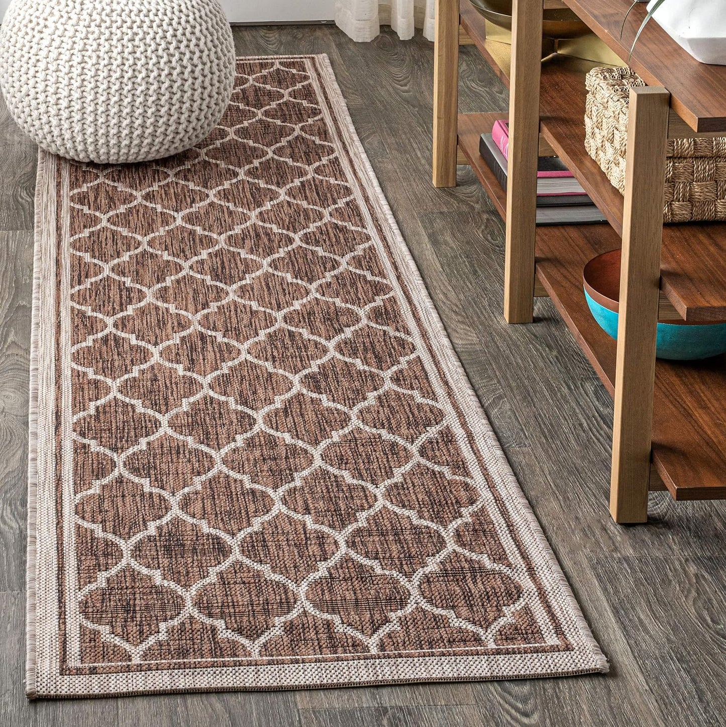 Eyely BMS109B-220 Santa Monica Trebol Moroccan Trellis Textured Weave, Pet Friendly, Non-Shedding, Stain Resistant, Easy-Cleaning, Espresso/Taupe, 2 ft. x 20 ft., Indoor/Outdoor, Runner Rug