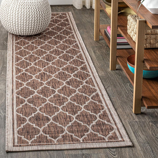 Eyely BMS109B-220 Santa Monica Trebol Moroccan Trellis Textured Weave, Pet Friendly, Non-Shedding, Stain Resistant, Easy-Cleaning, Espresso/Taupe, 2 ft. x 20 ft., Indoor/Outdoor, Runner Rug