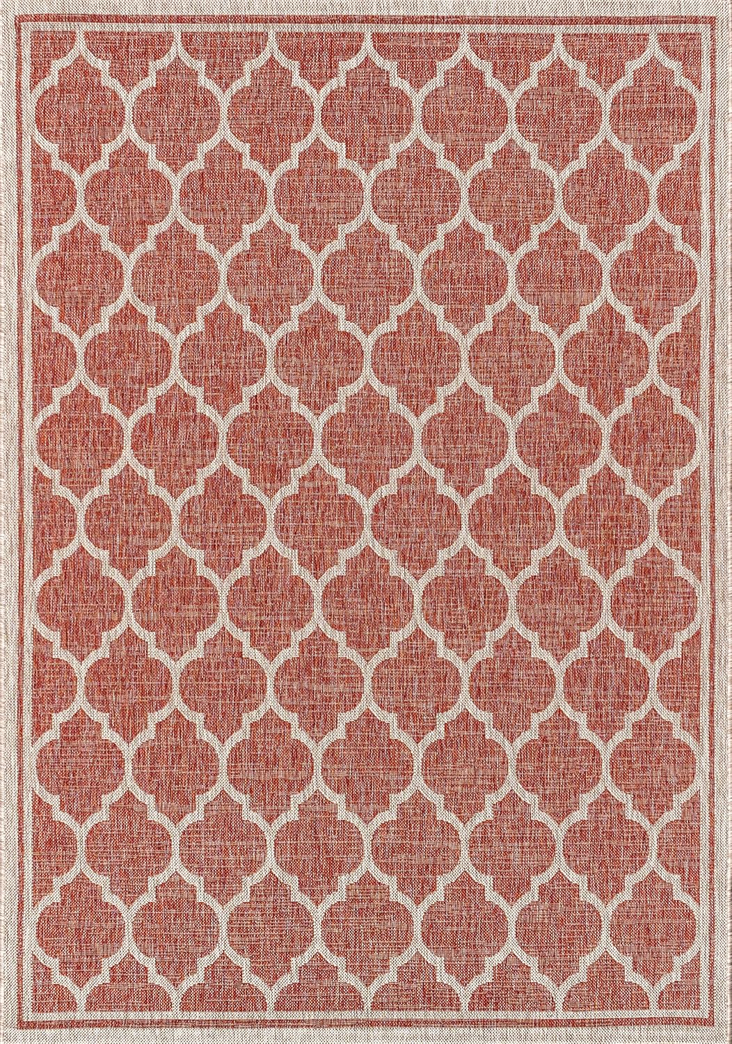 Eyely BMS109C-4 Santa Monica Trebol Moroccan Trellis Textured Weave Indoor/Outdoor Area Rug Coastal;Bohemian, Bedroom, Backyard, Patio, Easy-Cleaning, Non-Shedding, 4 X 6, Red/Beige