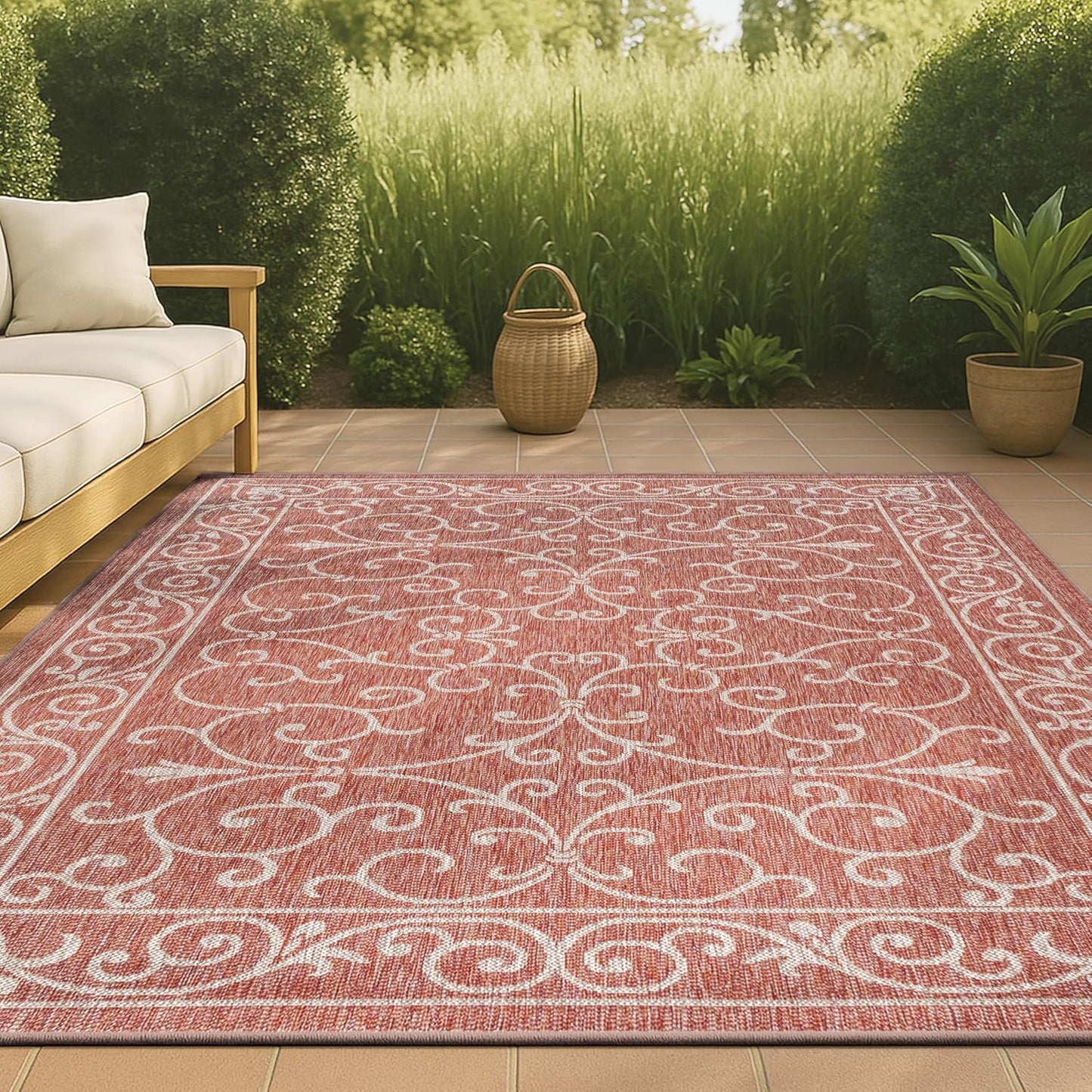JONATHAN Y SMB106B-5 Charleston Vintage Filigree Textured Weave Indoor/Outdoor Red/Beige 5 ft. x 8 ft. Area Rug, Classic,Easy Cleaning,HighTraffic,LivingRoom,Backyard, Non Shedding