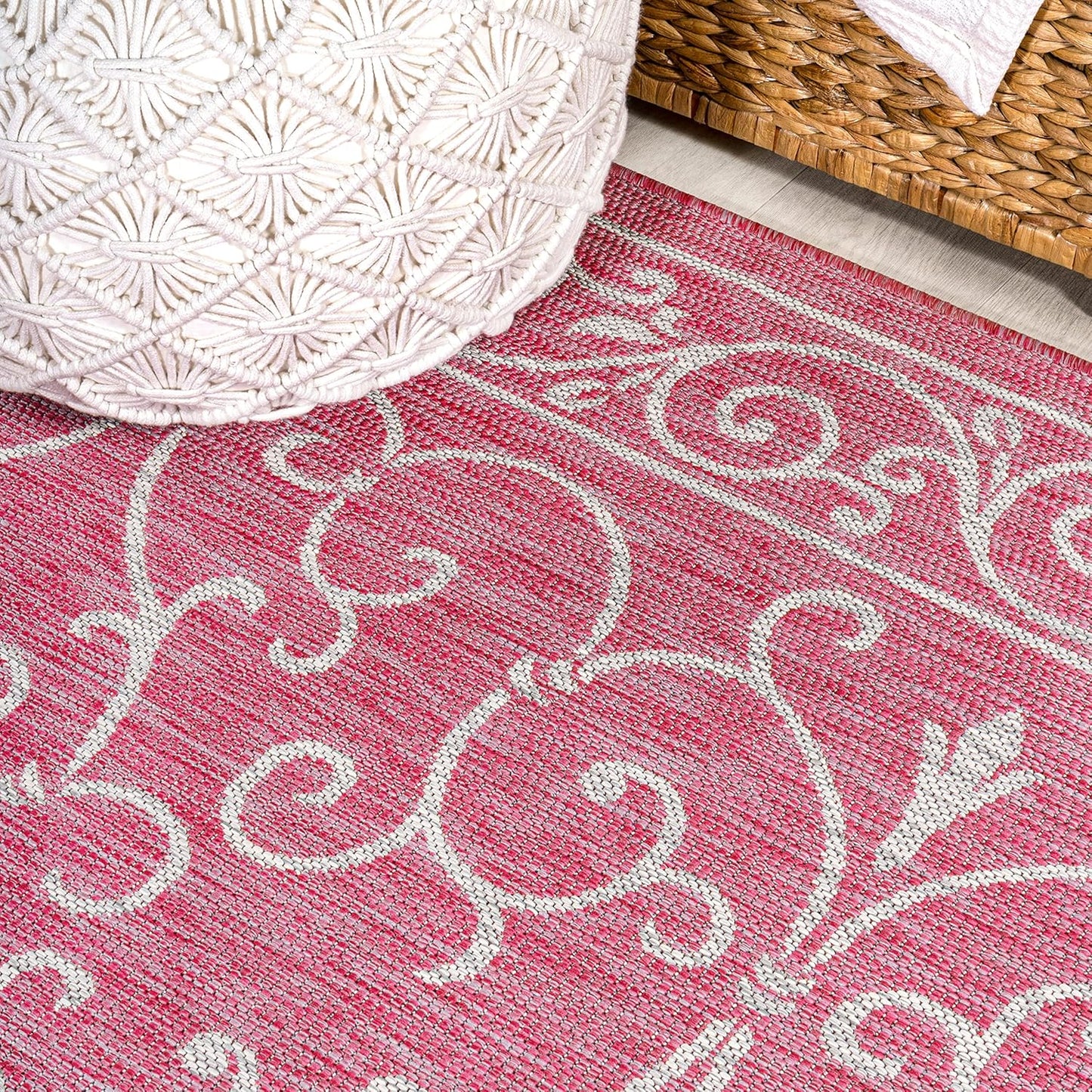 JONATHAN Y SMB106J-5SQ Charleston Vintage Filigree Textured Weave Indoor Outdoor Area Rug, Classic Traditional,Bedroom,Kitchen,Backyard,Patio, Fuchsia/Light Gray, 5' Square