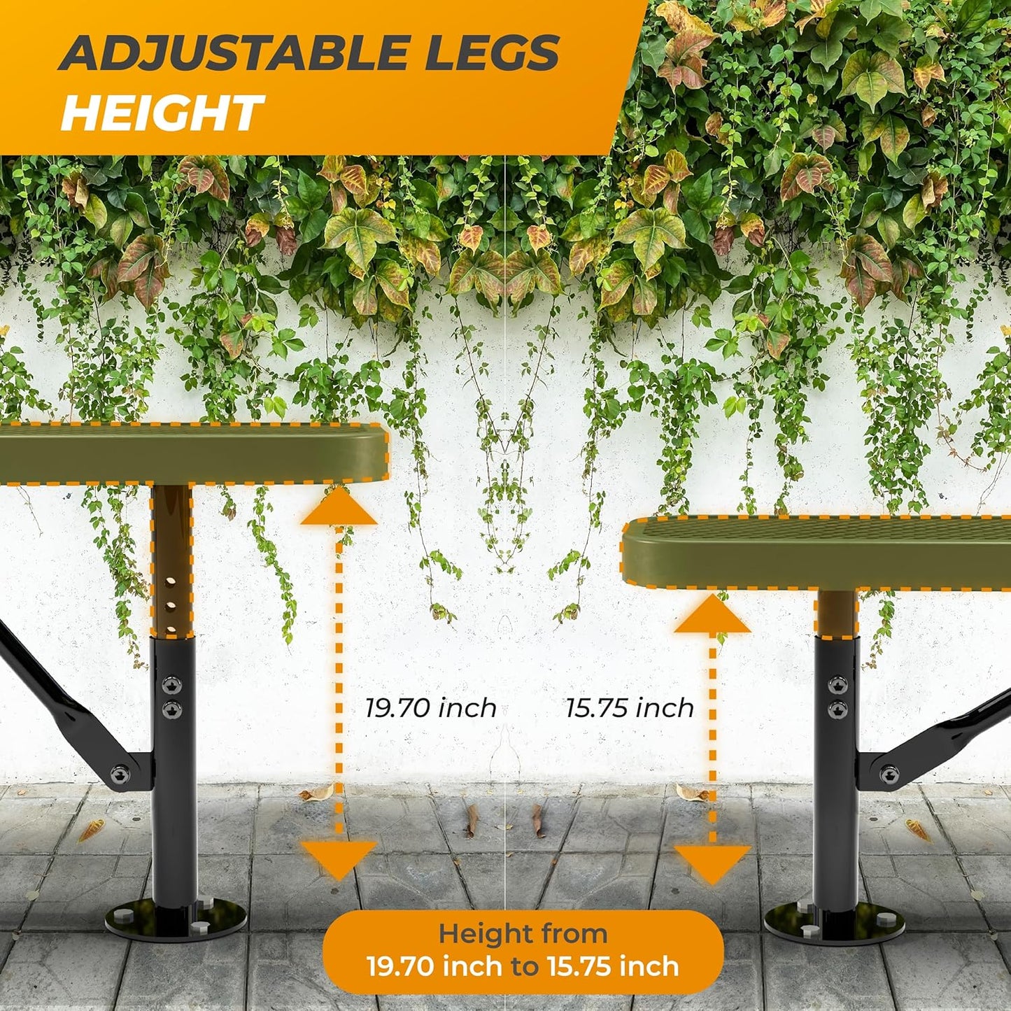 Heavy-Duty Outdoor Metal Bench, Thermoplastic-Coated, Surface, Weatherproof, Commercial-Grade for Parks, Gardens, Patios, Stores & More (8 Ft - Surface, Green)