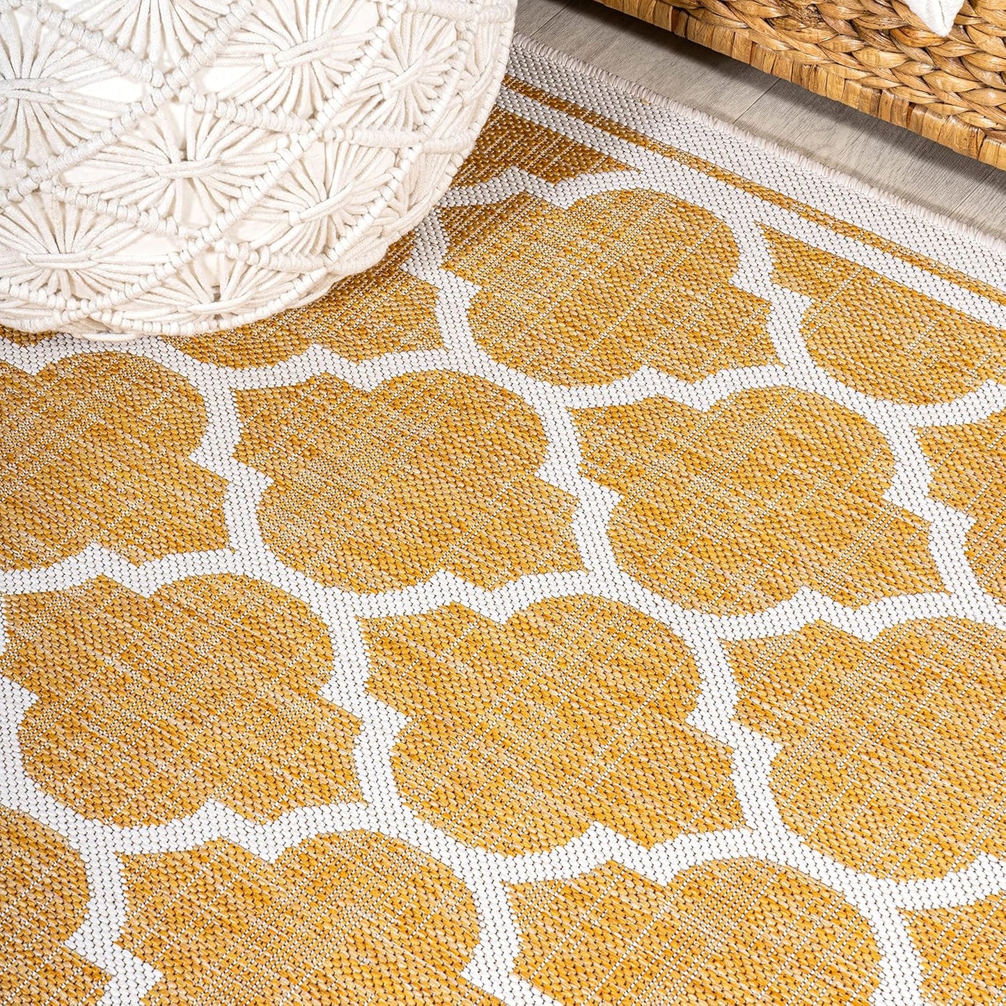 Eyely BMS109F-5R Santa Monica Trebol Moroccan Trellis Textured Weave Indoor/Outdoor Area Rug Coastal;Bohemian, Bedroom, Backyard, Patio, Easy-Cleaning, Non-Shedding, 5' Round, Yellow/Cream