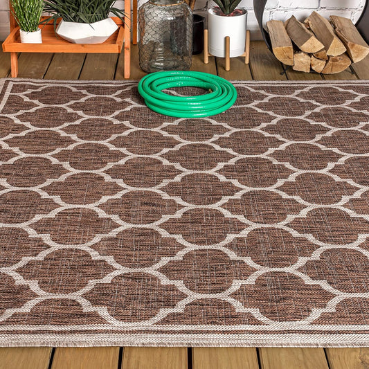 Eyely BMS109B-6 Santa Monica Trebol Moroccan Trellis Textured Weave, Pet Friendly, Non-Shedding, Stain Resistant, Easy-Cleaning, Espresso/Taupe, 6 ft. x 9 ft., Indoor/Outdoor, Area Rug