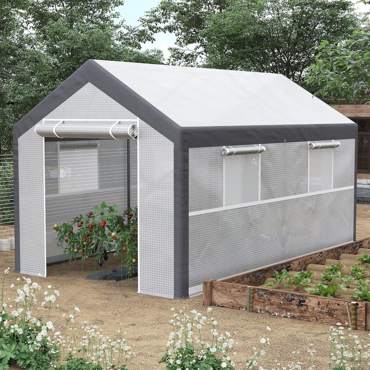 Outsunny 12' x 7' x 7' Walk-in Greenhouse, Outdoor Garden Warm Hot House with 4 Roll-up Windows, 2 Zippered Doors and Weather Cover, White