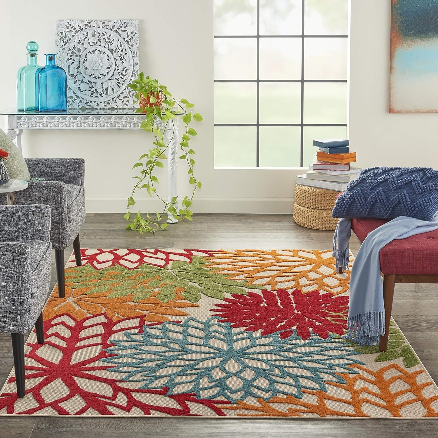 Nourison Home Aloha Indoor/Outdoor Green 3'6" x 5'6" Area Rug, Tropical, Botanical, Easy Clean, Non Shedding, Bed Room, Living Room, Dining Room, Deck, Backyard, Patio (3x5)