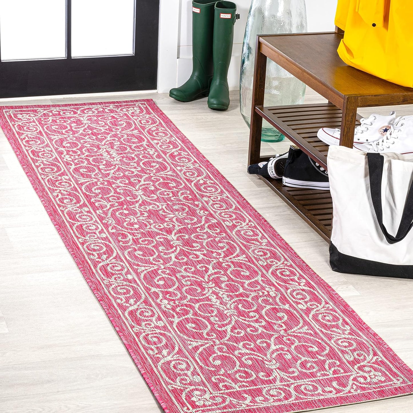JONATHAN Y SMB106J-210 Charleston Vintage Filigree Textured Weave Indoor Outdoor Runner Rug,Classic,Traditional,Transitional Easy Clean,Bedroom,Kitchen,Backyard,Patio,NonShed,Fuchsia/Light Gray,2 X 10