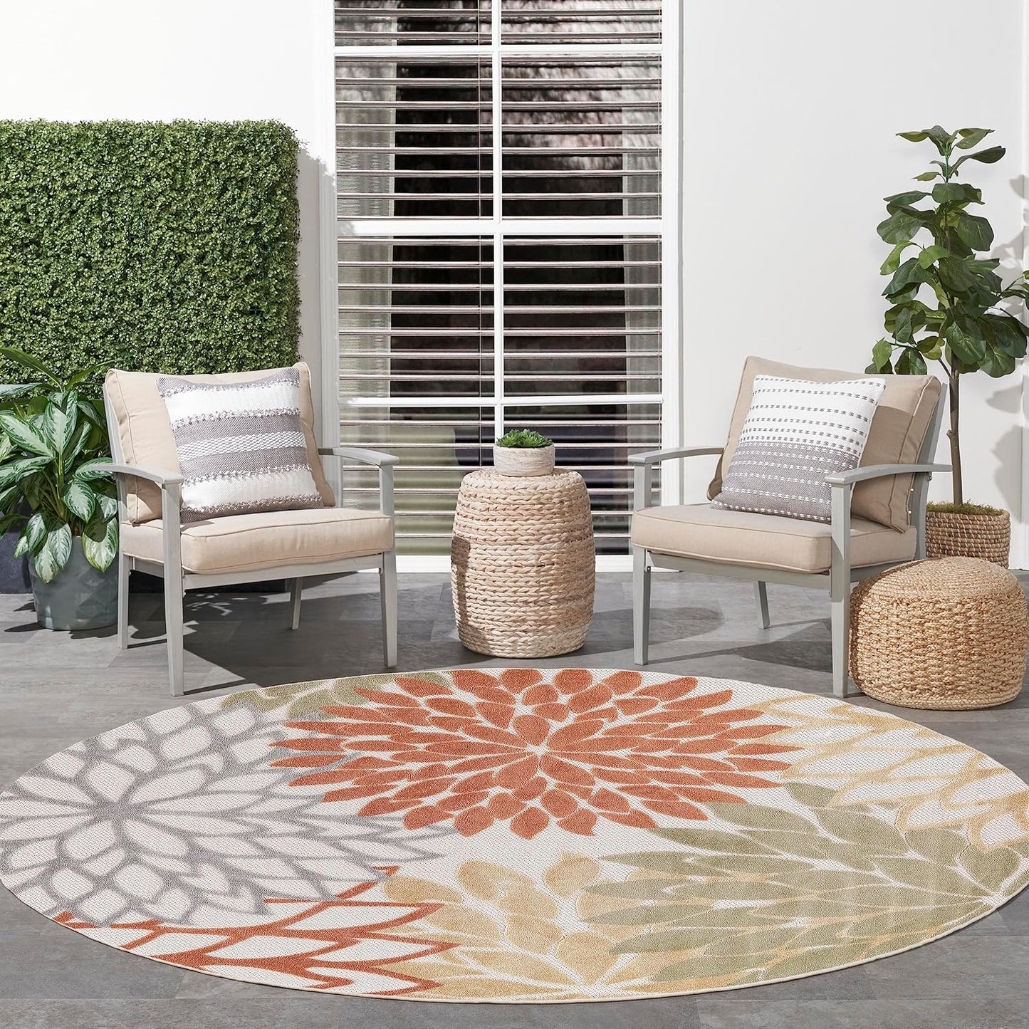 Nourison Home Aloha 63x63 Outdoor Polypropylene Fabric Rug in Ivory/Multi-Color