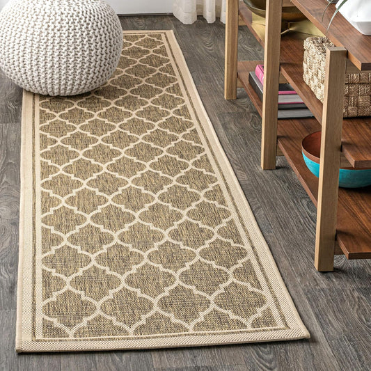 Eyely BMS109A-220 Santa Monica Trebol Moroccan Trellis Textured Weave, Pet Friendly, Non-Shedding, Stain Resistant, Easy-Cleaning, Brown/Beige, 2 ft. x 20 ft., Indoor/Outdoor, Runner Rug