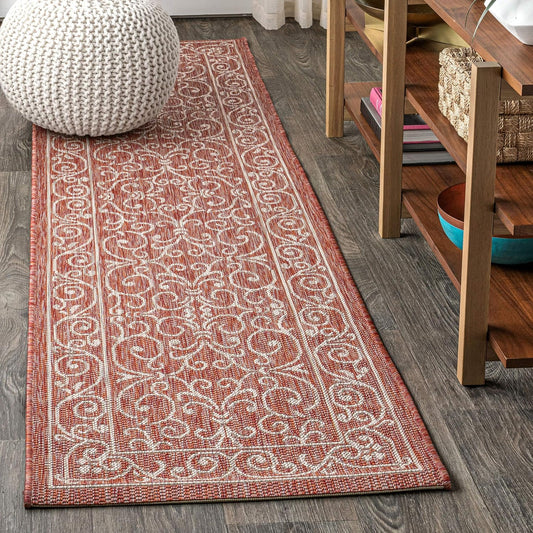 JONATHAN Y SMB106B-210 Charleston Vintage Filigree Textured Weave Indoor Outdoor Runner Rug Classic Coastal Easy-Cleaning Bedroom Kitchen Backyard Patio Non Shedding, 2 X 10, Red/Beige