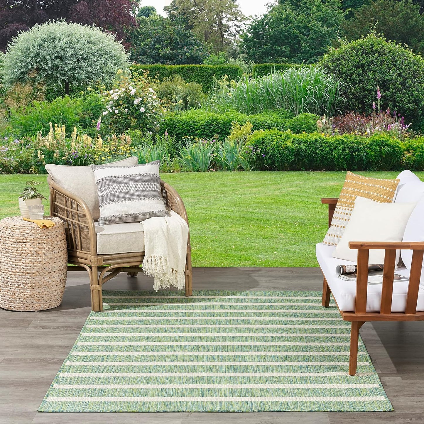 Nourison Home Positano Indoor/Outdoor Blue Green Ivory 5' x 7' Area Rug, Easy Cleaning, Non Shedding, Bed Room, Living Room, Dining Room, Deck, Backyard, Patio (5x7)