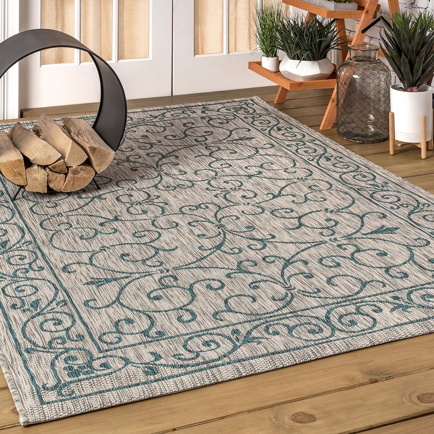 JONATHAN Y SMB106E-6 Charleston Vintage Filigree Textured Weave Gray/Teal 6 ft. x 9 ft. Indoor/Outdoor Area Rug, Pet Friendly, Non-Shedding, Stain Resistant, Easy-Cleaning for Backyard, Patio, Porch