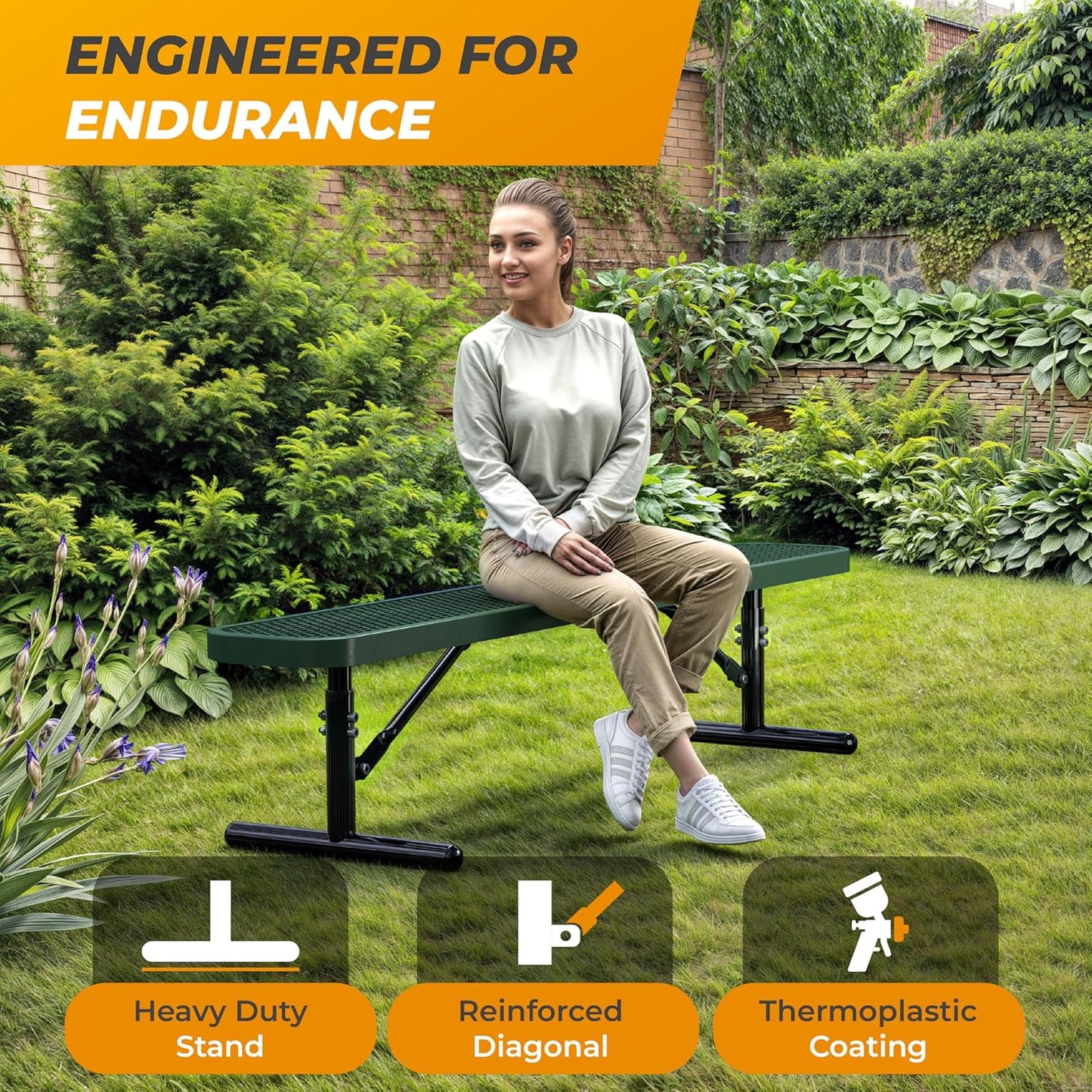 Heavy-Duty Outdoor Metal Bench, Thermoplastic-Coated, Portable, Weatherproof, Commercial-Grade for Parks, Gardens, Patios, Stores & More (6 Ft - Portable, Green)