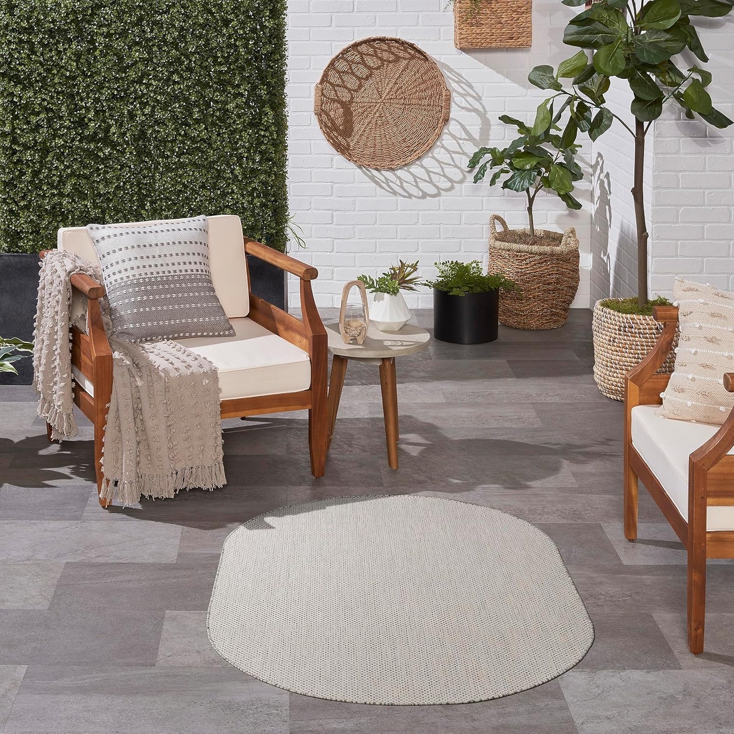 Nourison Home Courtyard Indoor/Outdoor Ivory Silver 3' x 5' Oval Area Rug, Easy Cleaning, Non Shedding, Bed Room, Living Room, Dining Room, Backyard, Deck, Patio (3x5)