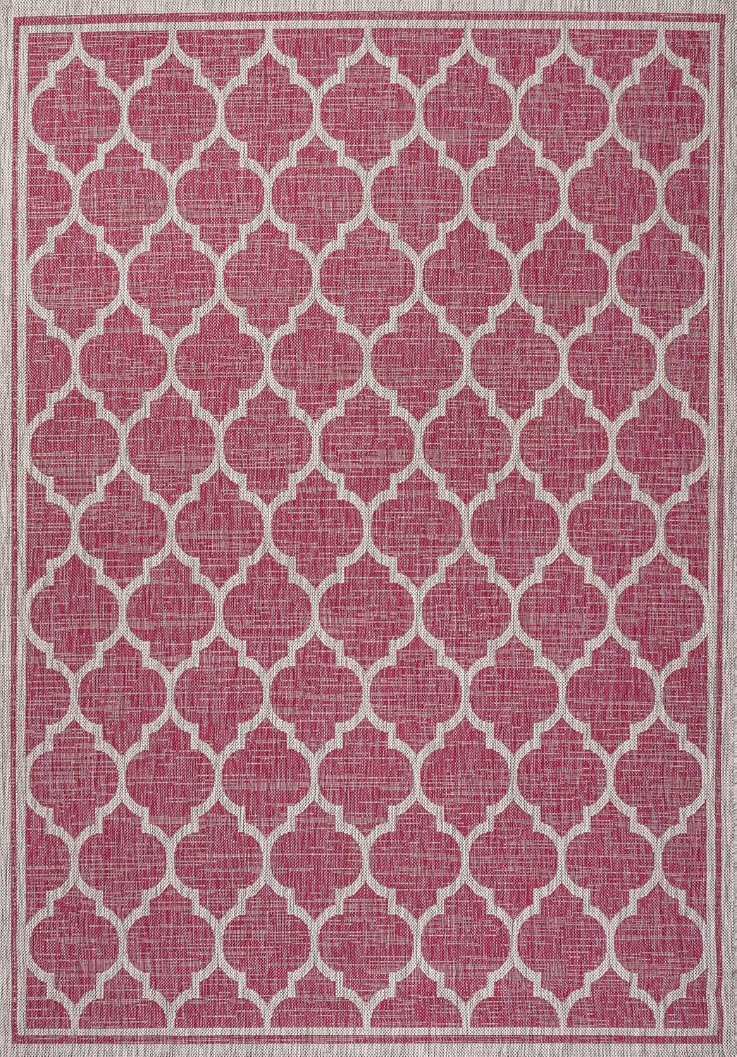 Eyely BMS109H-8 Santa Monica Trebol Moroccan Trellis Textured Weave Indoor/Outdoor Area Rug Coastal;Bohemian, Bedroom, Backyard, Patio, Easy-Cleaning, Non-Shedding, 8 X 10, Fuchsia/Light Gray