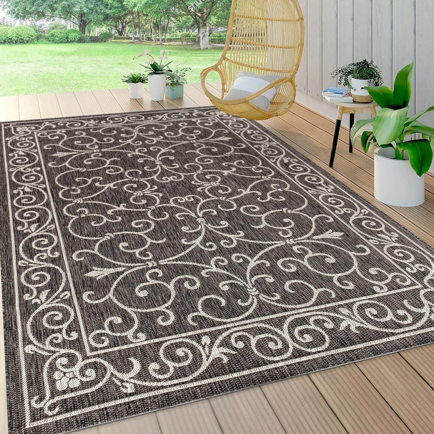 JONATHAN Y SMB106G-5 Charleston Vintage Filigree Textured Weave Indoor Outdoor Rug LivingRoom Backyard,5 X 8,Black/Gray