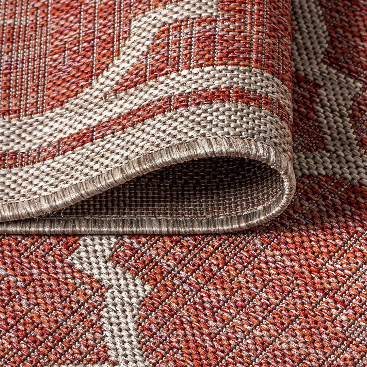 Eyely BMS109C-5R Santa Monica Trebol Moroccan Trellis Textured Weave Indoor/Outdoor Area Rug Coastal;Bohemian, Bedroom, Backyard, Patio, Easy-Cleaning, Non-Shedding, 5' Round, Red/Beige